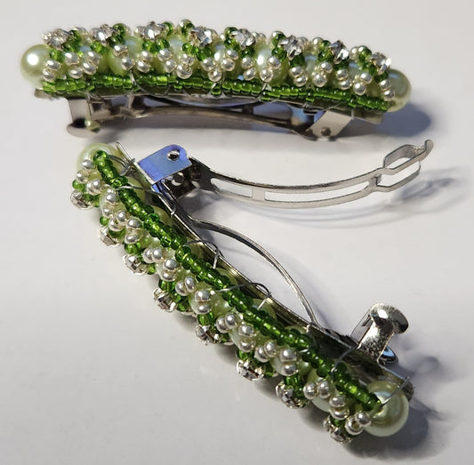 2" Green and White Barrettes